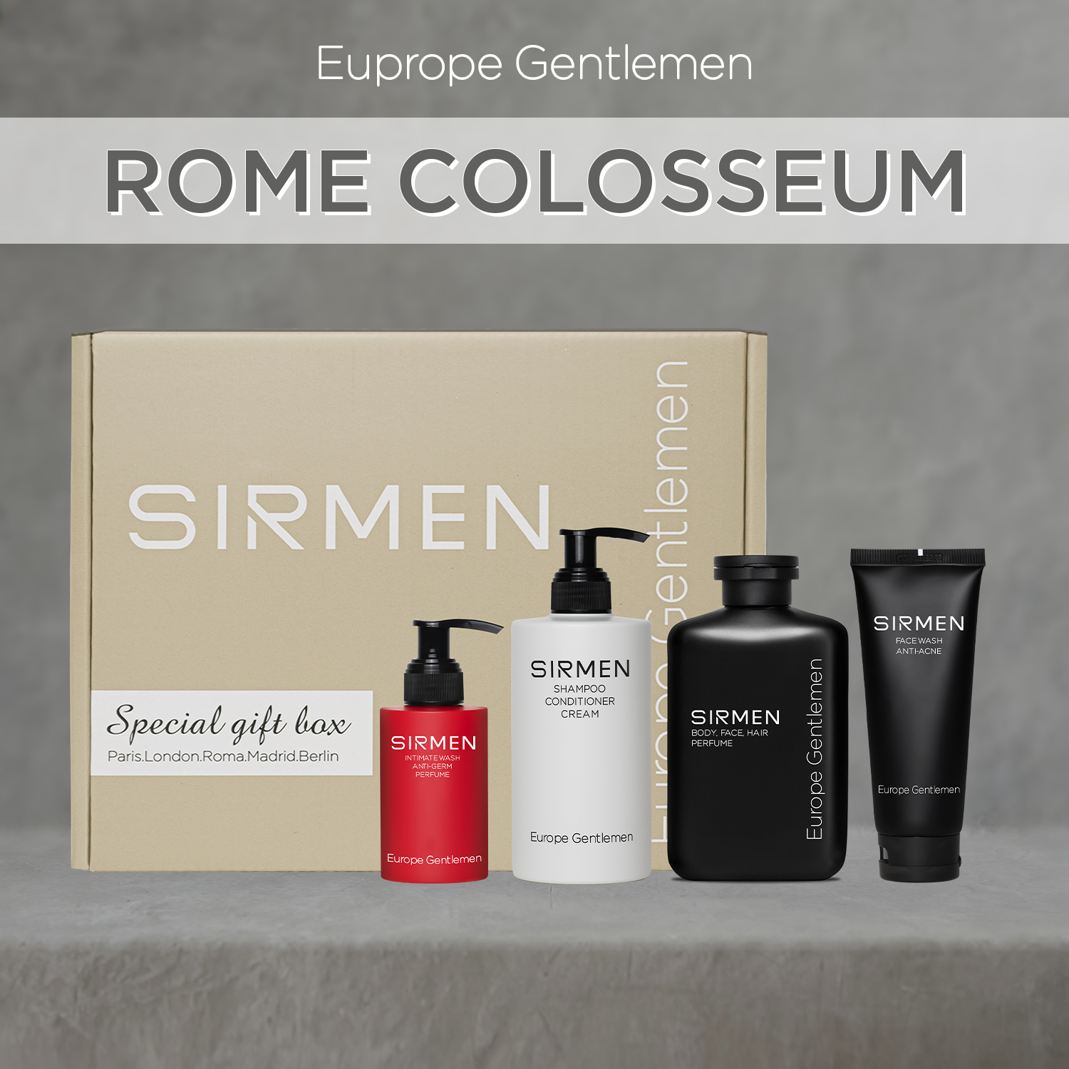 GIFTBOX combo 4 - Rome Colosseum - Sữa tắm nam - Dầu gội xả dưỡng nam - Dung dịch vệ sinh và Sữa rửa mặt nam SIRMEN