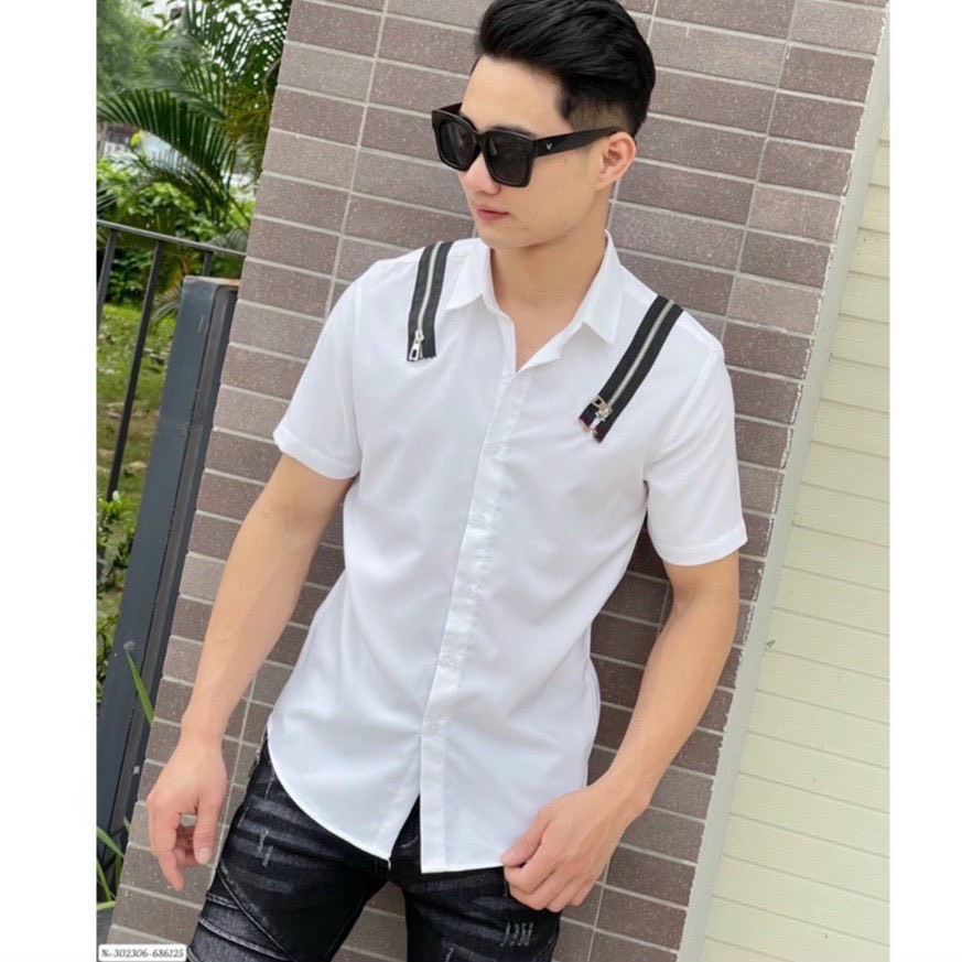 Áo sơ mi nam tay ngắn màu trắng phối khóa kéo đẹp cá tính chất lụa kate cao cấp giá rẻ chuẩn shop