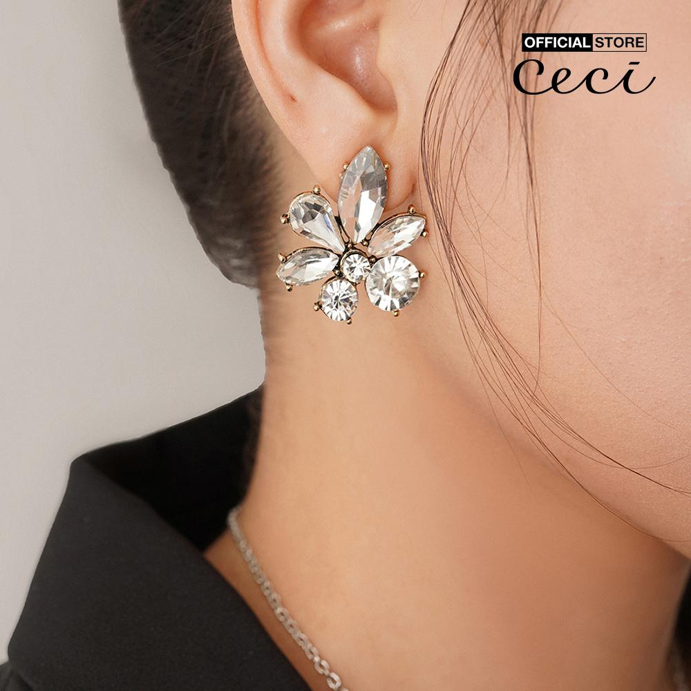 CECI - Khuyên tai nữ xỏ lỗ thiết kế cánh hoa đá lấp lánh CC1-09000134-03