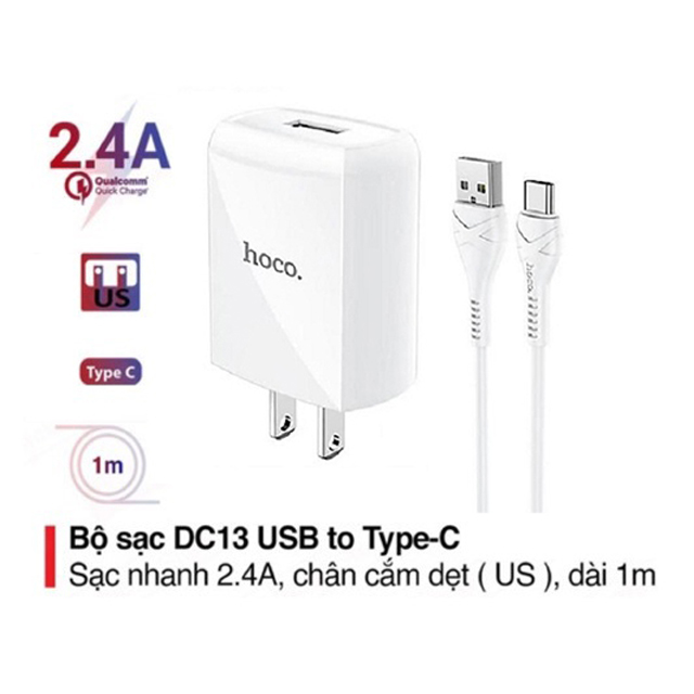 Bộ sạc 2.4A Hoco DC13 chuôi dẹt 1 cổng Usb kèm dây sạc Type-C dài 1M cho Android