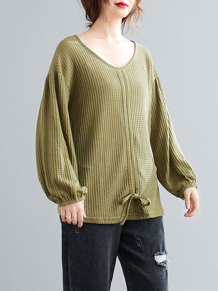 Women Knitted Shirt Drawstring Front V-Neck Lantern Sleeve Pullover Loose Fit Casual Solid Spring Autumn Tops