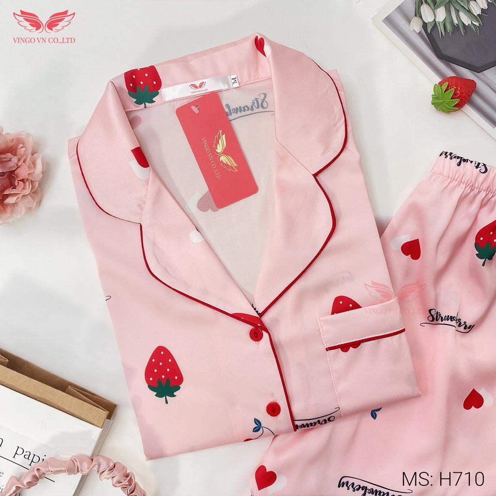 Đồ bộ nữ Pijama mặc nhà lụa Pháp cao cấp VINGO tay ngắn quần đùi cherry và dâu hồng dễ thương mặc mùa Hè mát H710 VNGO