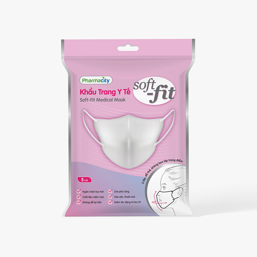 Khẩu trang y tế Pharmacity Soft-fit màu trắng (Gói 5 cái)