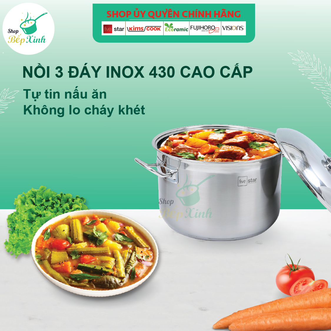 Nồi Inox 430 Bếp Từ 3 Đáy 36 cm Nắp Inox Fivestar -Tặng 5 Muỗng Ăn Inox Cao Cấp