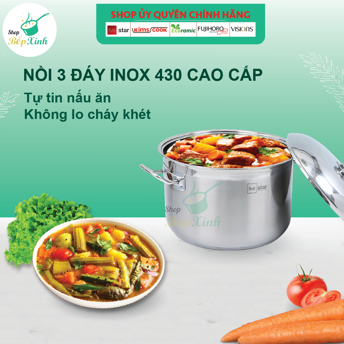 Nồi Inox 430 Bếp Từ 3 Đáy Fivestar Nắp Inox + Tặng 5 Muỗng Ăn Inox Cao Cấp