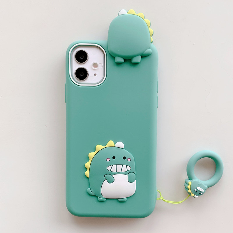 Ốp lưng Silicon cho iPhone 12 Mini / 12 / 12 Pro / 12 Pro Max Khủng Long Xanh Kèm Móc Ring