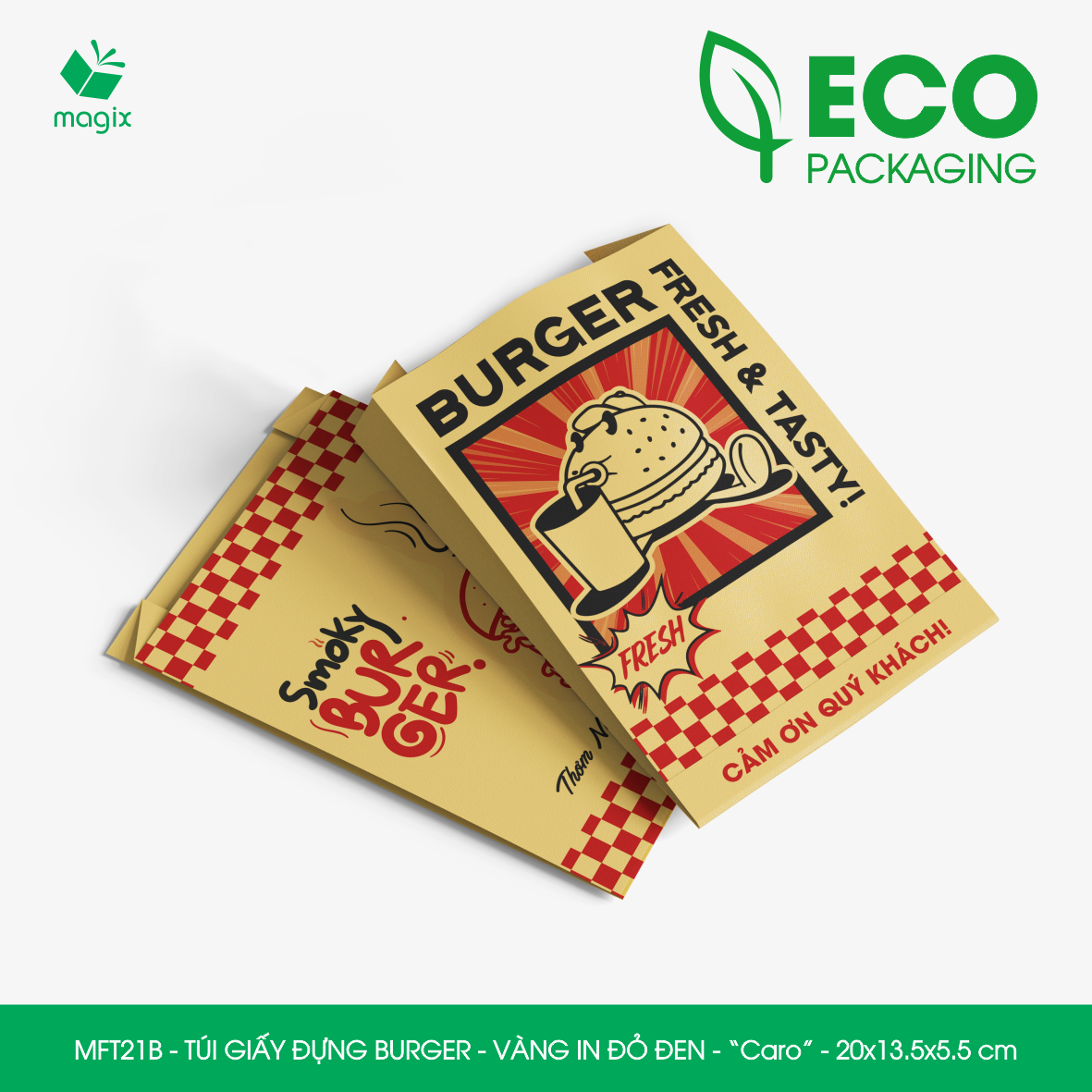 MFT21B - 20x13.5x5.5 cm - 1000 Túi giấy Kraft đựng hamburger, túi giấy burger, túi đựng thực phẩm