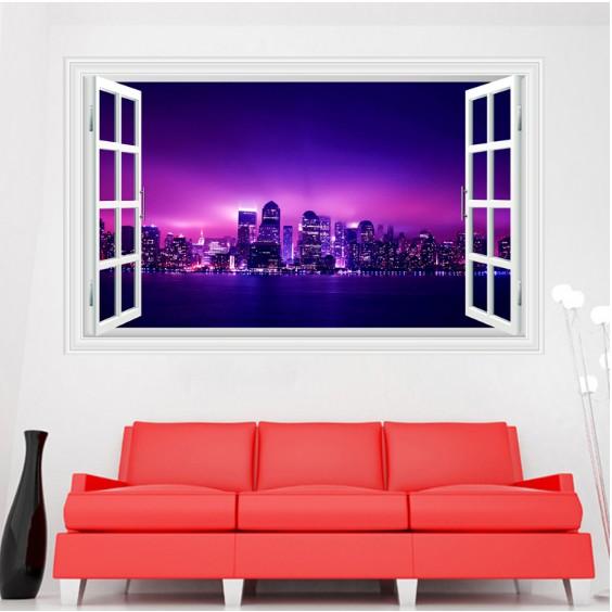 Decal trang trí khung cửa sổ 3D cảnh Thành Phố về đêm thật tuyệt