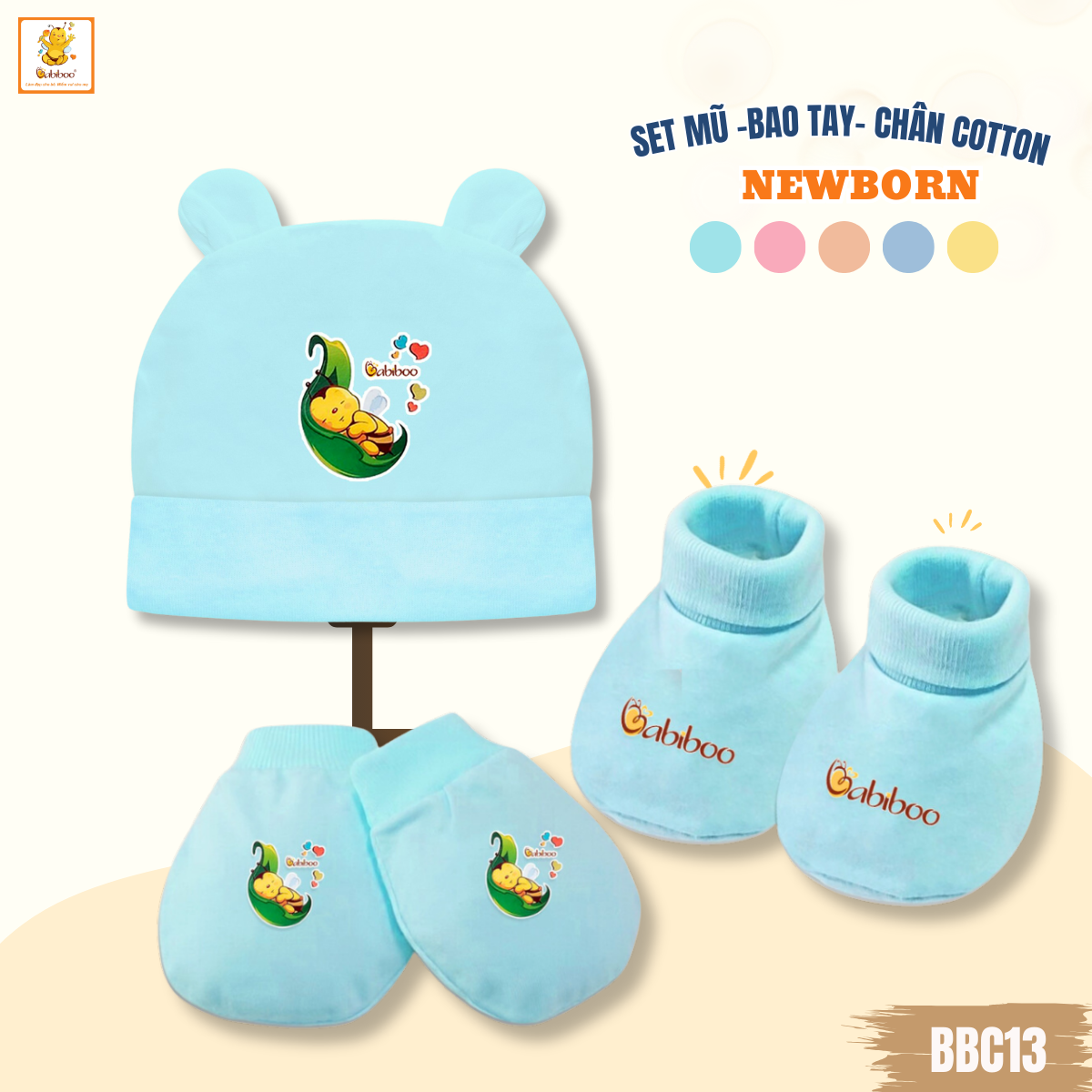 Set nón- bao tay - bao chân cho bé sơ sinh Babiboo vải cotton mềm mại, an toàn cho da BBC13