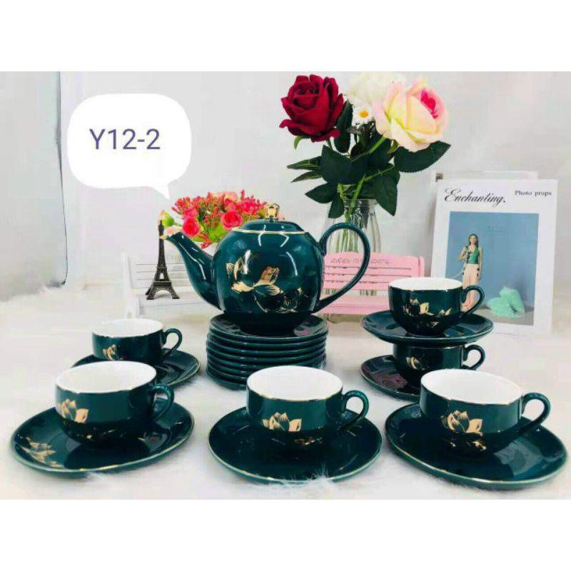 Bộ Ấm Chén Sứ,Bộ Tách Pha Trà Cà Phê Cao Cấp Màu Xanh Cổ Vịt Họa Tiết Hoa Sen Sang Trọng