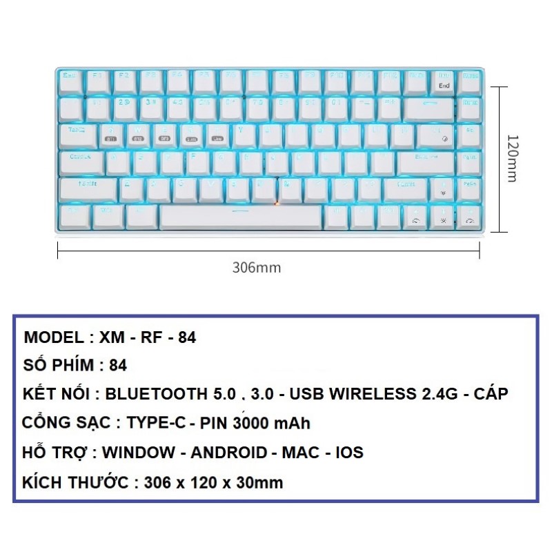 Bàn Phím Cơ không dây mini Đa kết nối RF84 White Gaming cho máy tính