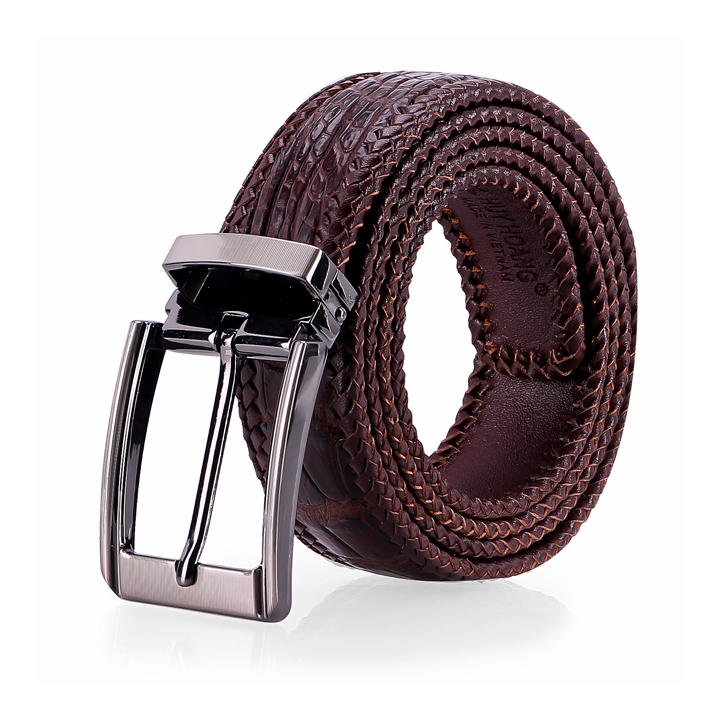 Thắt lưng nam da cá sấu Huy Hoàng đan viền 3,5P đầu kim màu đen, nâu đất, nâu đỏ, vàng bò HT4276-77-78-79