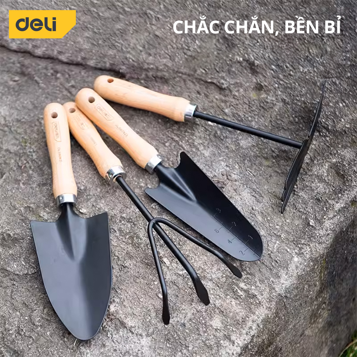 Bộ Dụng Cụ Làm Vườn 4 Món Cán Gỗ Chính Hãng DELI TOOLS - Xẻng, Quốc, Cào Đa Năng - Chất Liệu Cao Cấp, Chắc Chắn