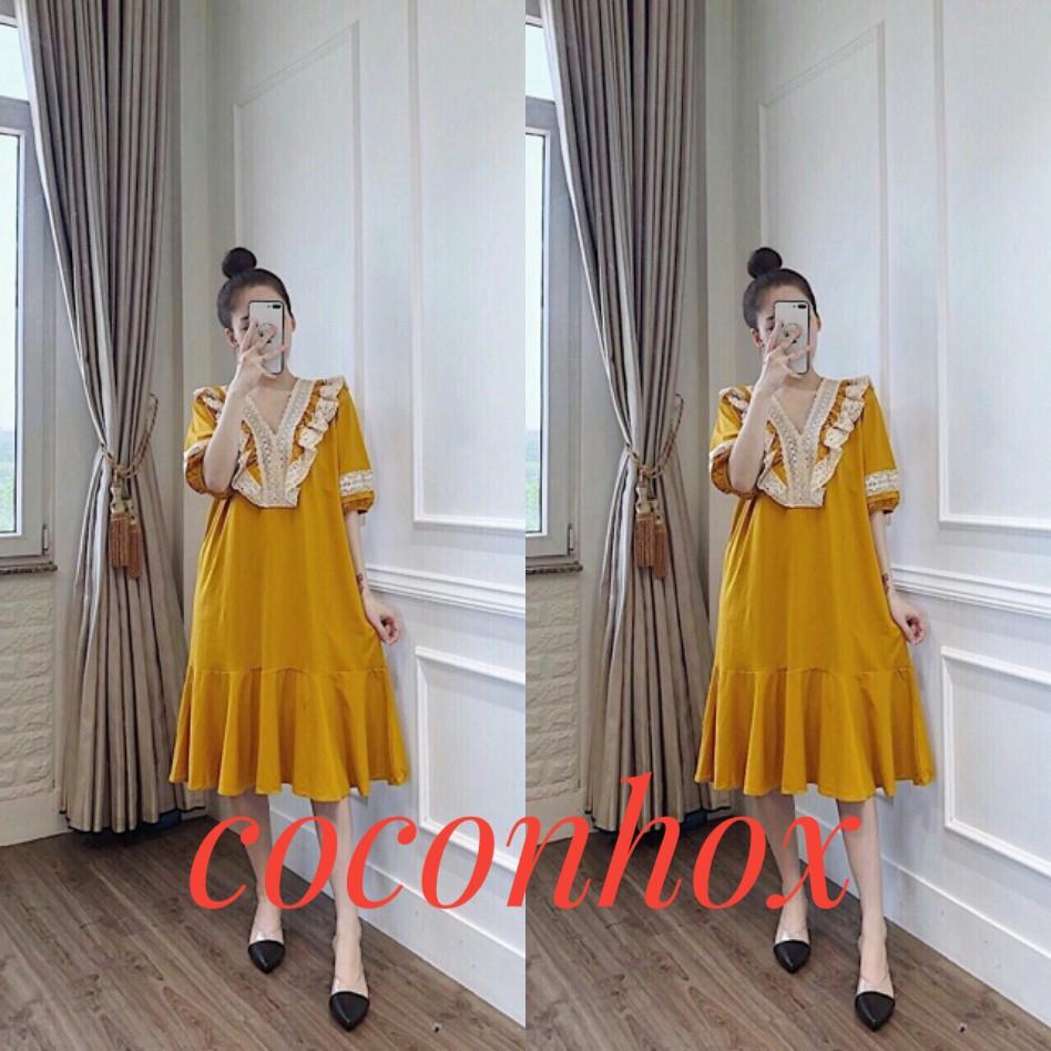Đầm bầu váy bầu BDE504 bèo cổ chất cotton sành điệu