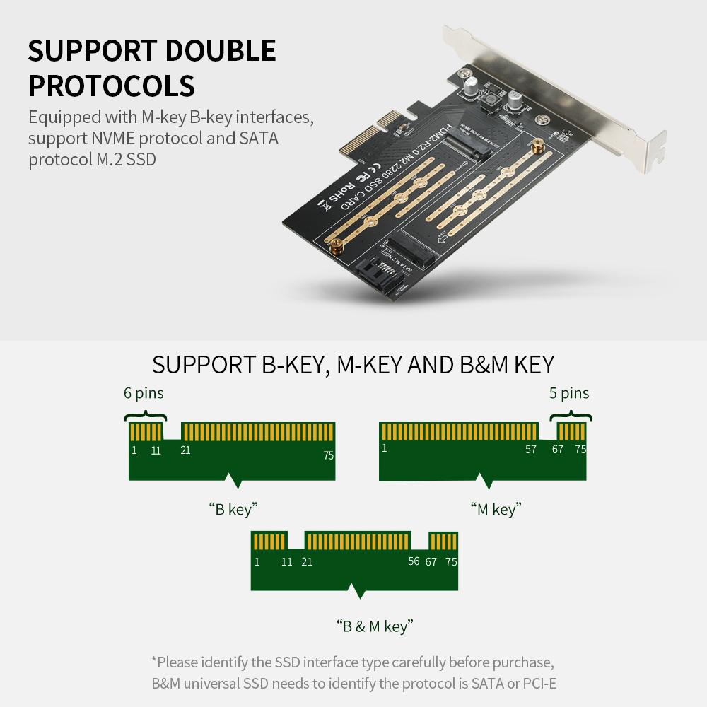 M.2 NVME to PCI-E X4 Expansion Card SSD Adapter Card with M.2 M-key B-key Interfaces Support NVME SATA Dual Protocol