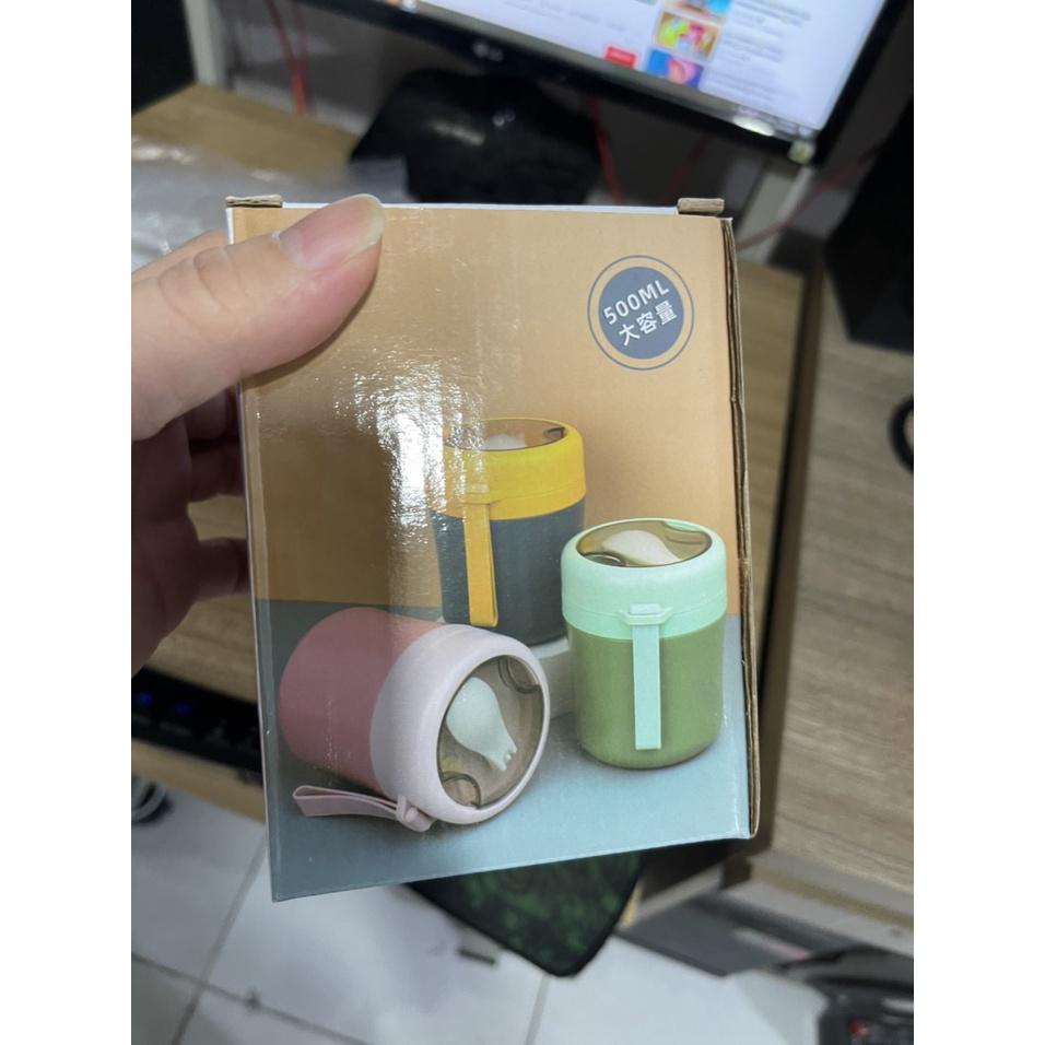 Hộp Ủ Cháo nhựa PP gập muỗng cao cấp lòng trong inox 500ml C5 Kèm thìa tặng bọc căn cước