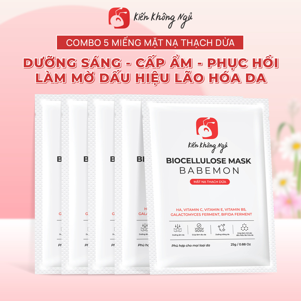 Combo 5 miếng Mặt nạ thạch dừa Biocellulose Mask Babemon dưỡng sáng da, cấp ẩm, phục hồi, làm mờ dấu hiệu lão hóa da