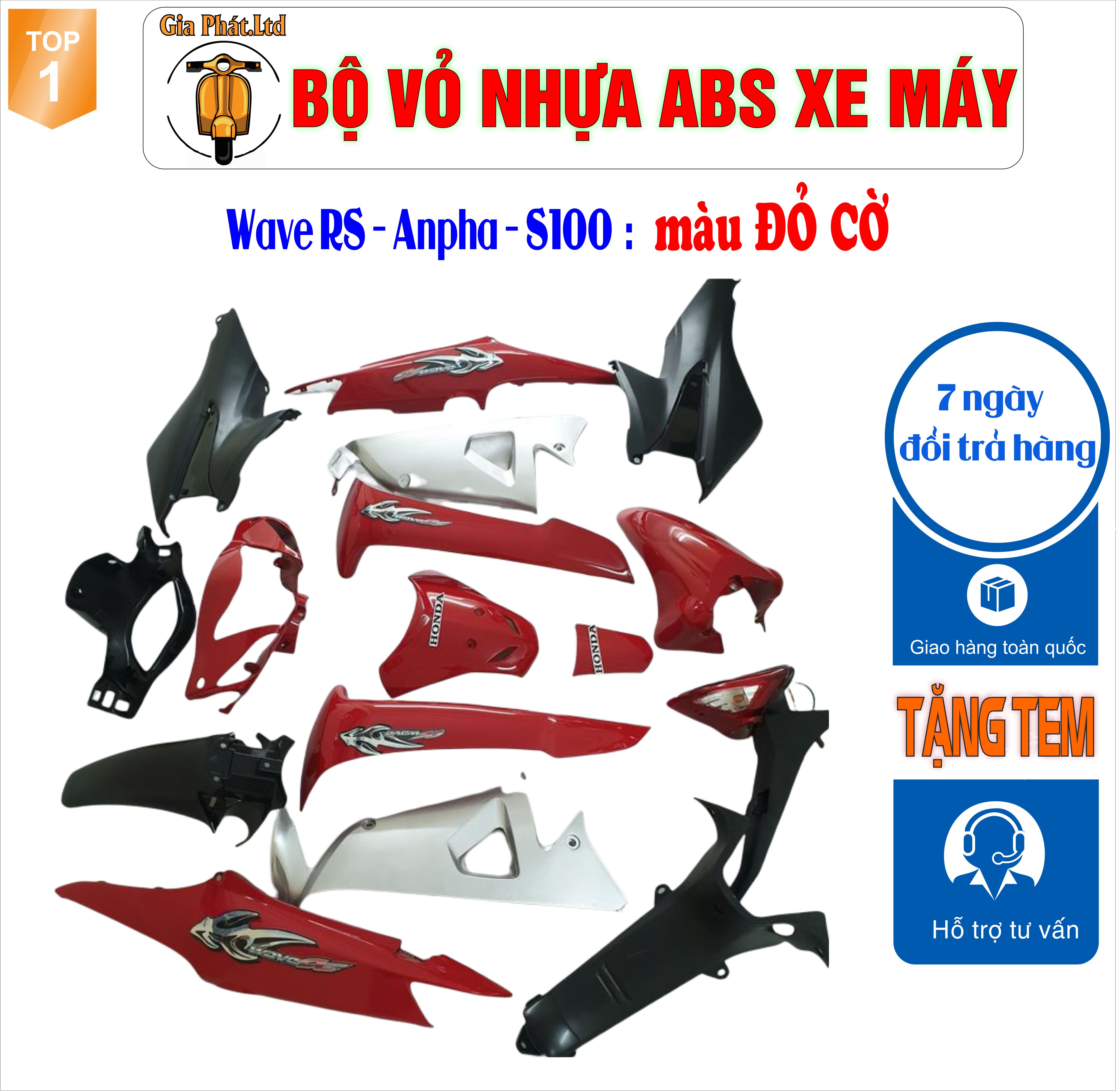 [Tặng tem] Dàn áo xe Wave RS - Anpha - S100 đời 2006 đến 2016 Nhựa ABS màu ĐỎ CỜ-TKB-528(8014)