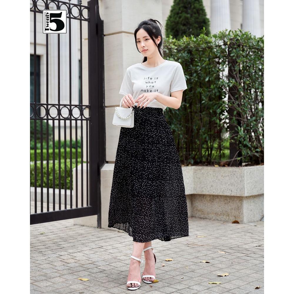 Chân váy midi voan xếp ly chấm bi 2 lớp eo chun Twentyfive 4071