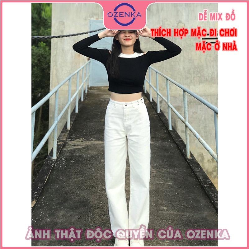 Áo croptop hở vai tay dài ôm nữ OZENKA thun gân đẹp 100% cotton cải màu sang chảnh size dưới 50 kg