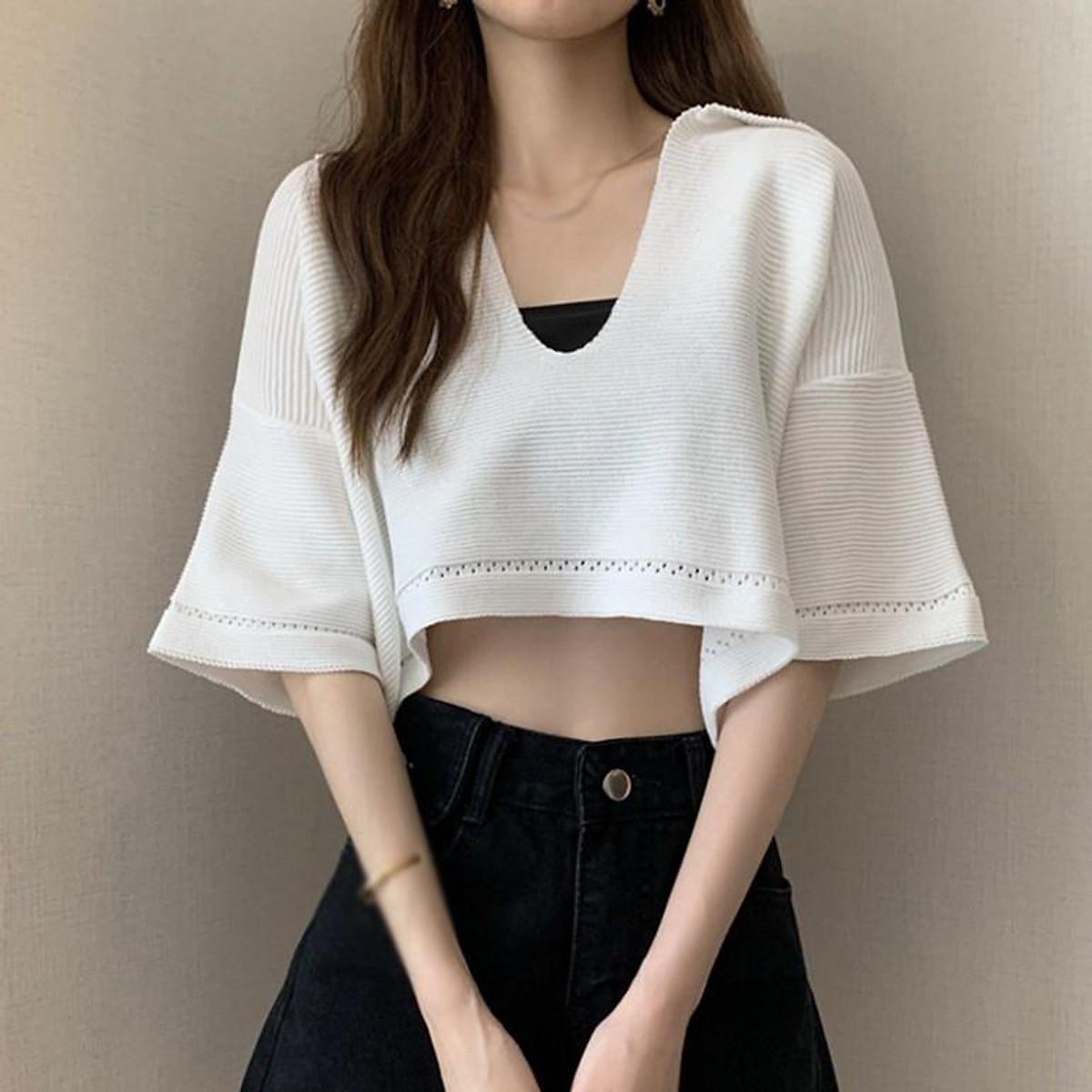 Áo Croptop Dệt Kim Tay Ngắn Thiết Kế Cổ Chữ V Quyến Rũ Xinh Xắn Cho Nữ - Hồng
