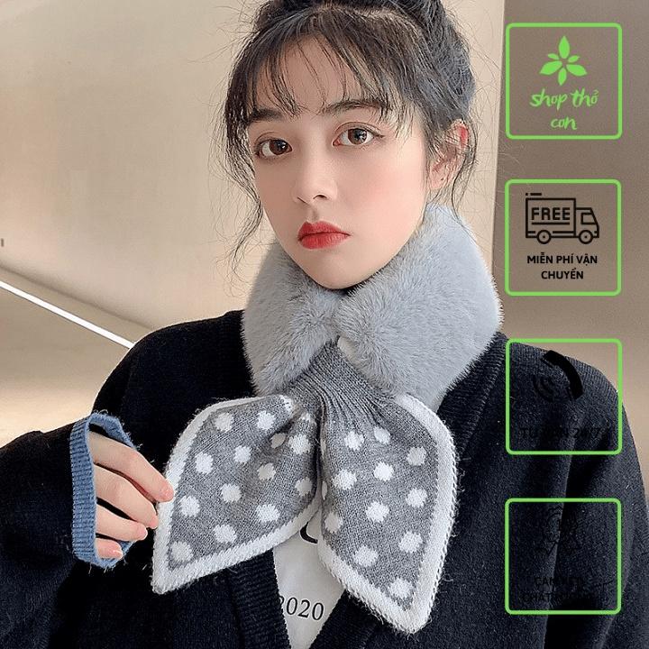 Khăn lông nữ quàng cổ lông nhung buộc nơ xinh, Khăn quàng cổ mùa đông siêu ấm có nơ đính kèm sang trọng siêu hot