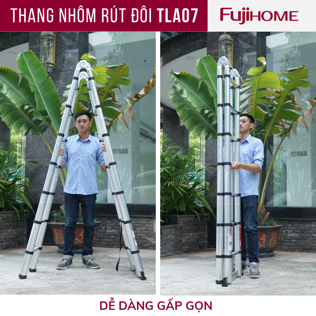 Thang nhôm rút chữ A gấp gọn 4,4M Nhật Bản Fujihome chống trượt, thang rút đôi 4m4 mét gấp xếp gọn gia đình đa năng có khóa an toàn 2m1 telescopic ladder - Hàng Nhập Khẩu