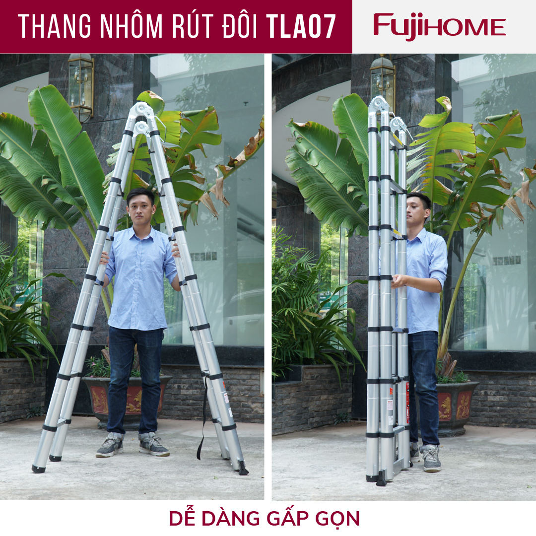 Hình ảnh Thang nhôm rút gọn chữ A FUJIHOME TLA07 ( Chiều cao chữ A 2,1m- Cao chữ I 4m- Rút gọn 0,9m - KHóa chốt an toàn, để chống trượt)  Hàng Chính hãng 