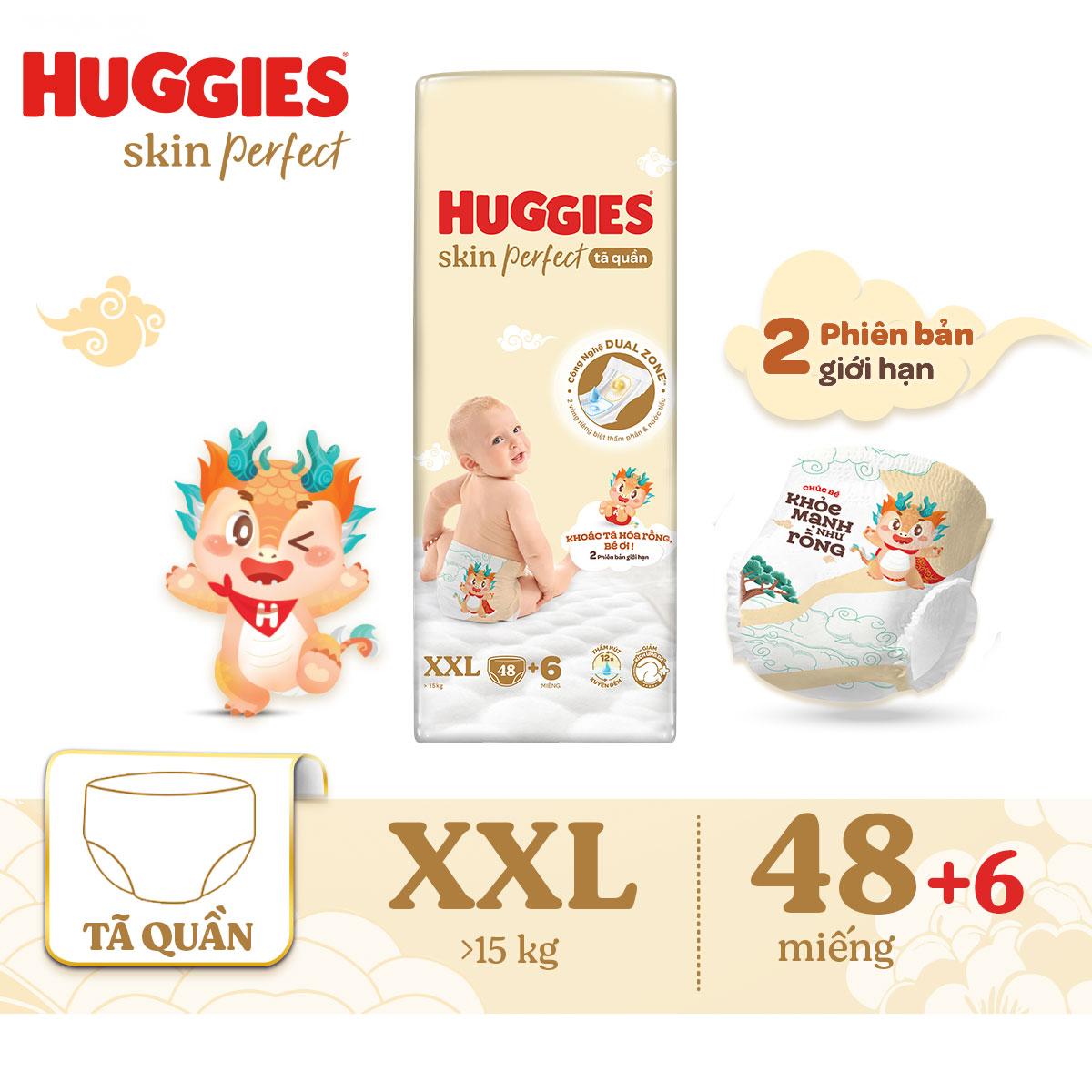 Tã quần Huggies Skin Perfect phiên bản Rồng giới hạn Super Jumbo XXL48+6 miếng với 2 vùng thấm giảm kích ứng da