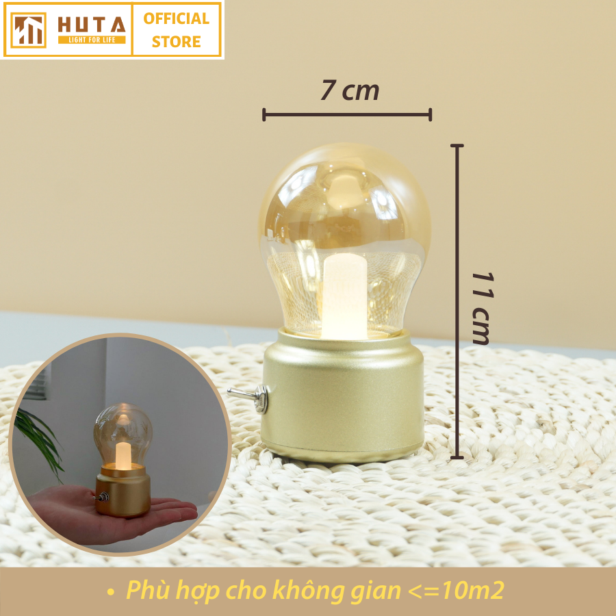 Đèn Ngủ Mini HUTA MN1 Sạc Pin Tích Điện Sáng 25h Cute Dễ Thương, Decor Trang Trí Quán Cà Phê, Nhà Hàng, Để Bàn, Bóng Led Sáng Vàng Tiết Kiệm Điện