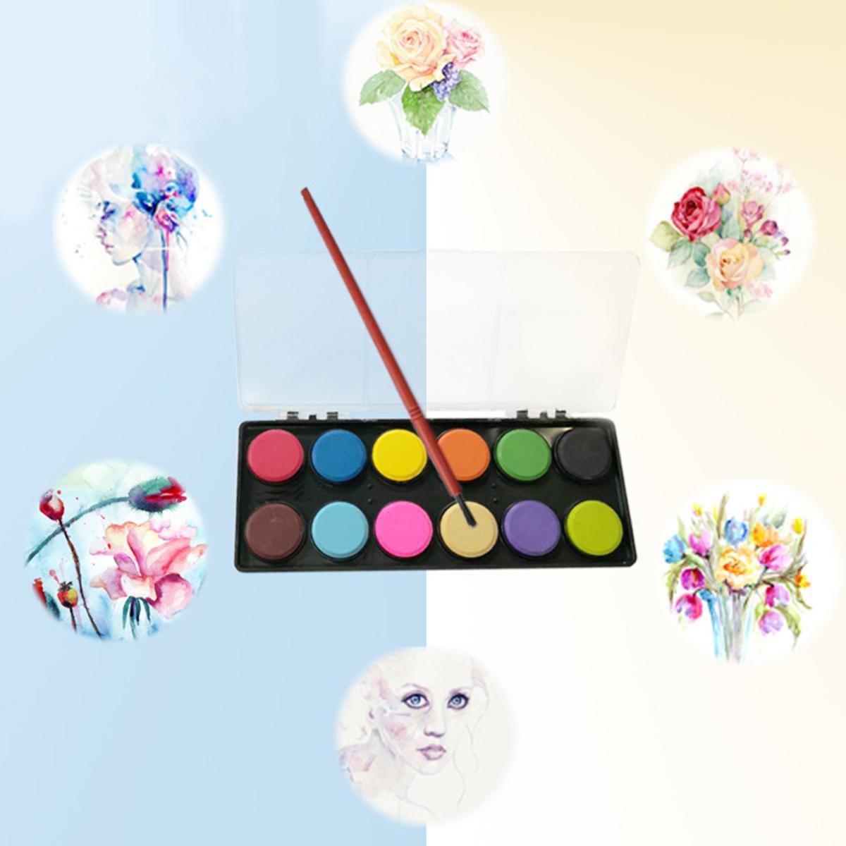 12 Colors Solid Watercolor Paint Pigment Portable Drawing Painting Set with a Paintbrush Art Supplies for Artists
