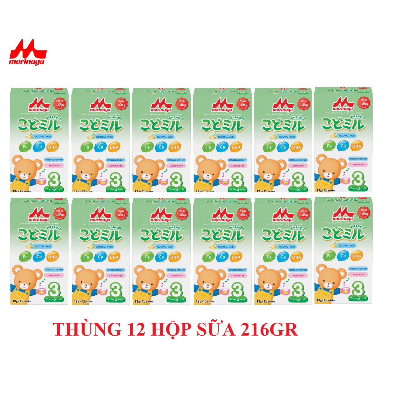 Thùng 12 hộp Sữa Morinaga Số 3 Kodomil 216g Cho Bé Từ 3 Tuổi hương dâu, hương Vani ( không tem đổi quà)