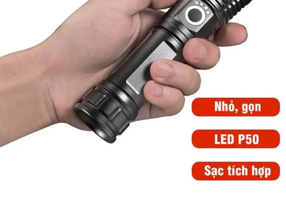 Đèn pin siêu sáng cầm tay P50 - Hàng chính hãng - Đèn pin siêu sáng vỏ hợp kim nhôm siêu bền, chiếu xa 200m, 5 chế độ sáng, công suất 20W, dùng bền bỉ, chống nước chống bụi, dùng liên tục 4 tiếng, đèn pin siêu sáng pin khủng