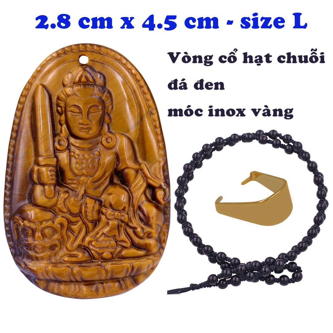 Hình ảnh Mặt Phật Văn thù đá mắt hổ 4.5 cm kèm vòng cổ hạt chuỗi đá đen - mặt dây chuyền size lớn - size L, Mặt Phật bản mệnh