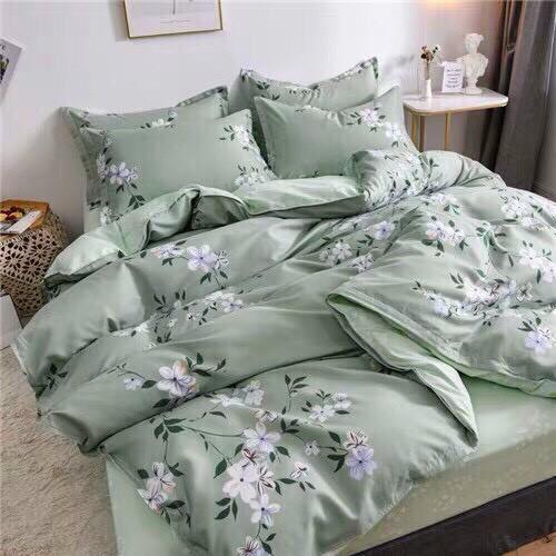 Bộ chăn ga gối Cotton poly M2T Bedding Hoa mai trắng, vỏ chăn mền, drap nệm và 2 vỏ gối