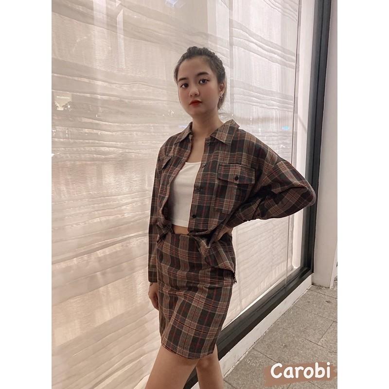 ́ + ́ + ̂ ́ : Set áo sơmi chân váy caro kèm áo thun gân 2 dây croptop