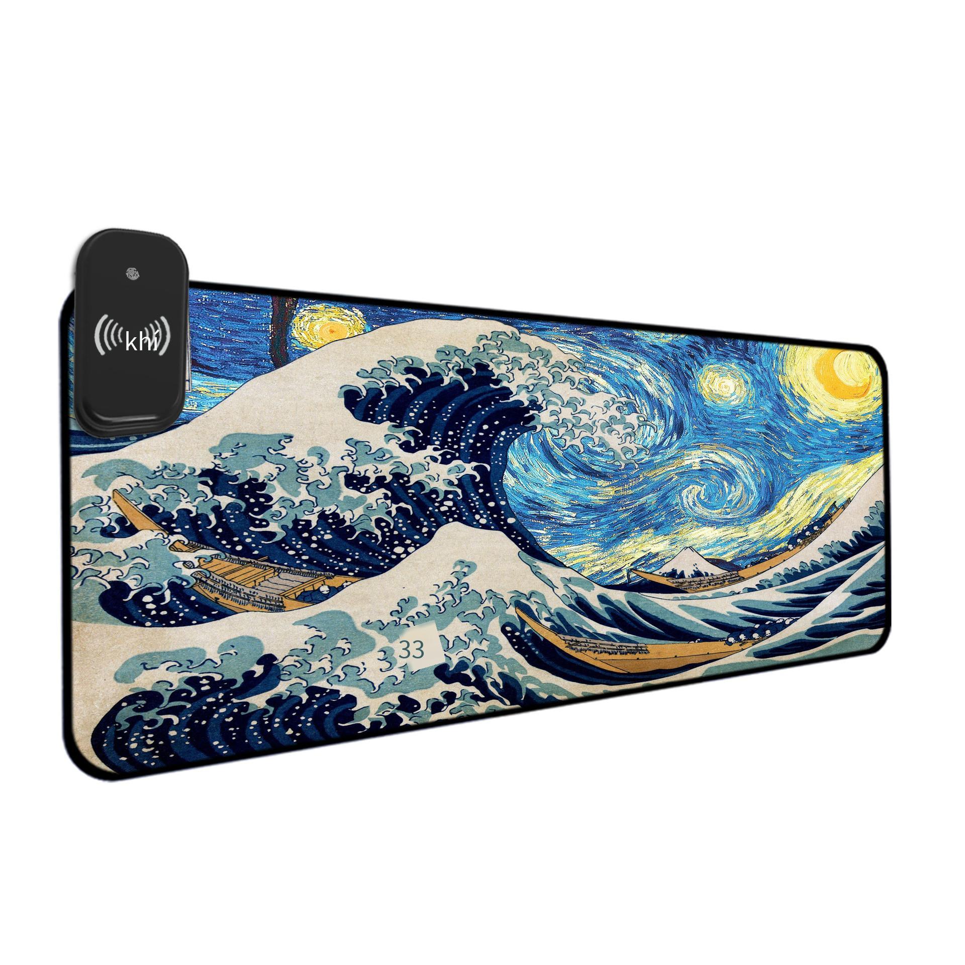 Giá đặc biệt Core Wing Rich Van Gogh Hình minh họa cổ điển Tấm lót chuột sạc không dây RGB Đêm trăng đầy sao Tấm lót chuột cạnh khóa siêu lớn