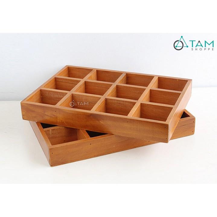 Khay gỗ trang trí chữ nhật chia 12 ô vuông số 16