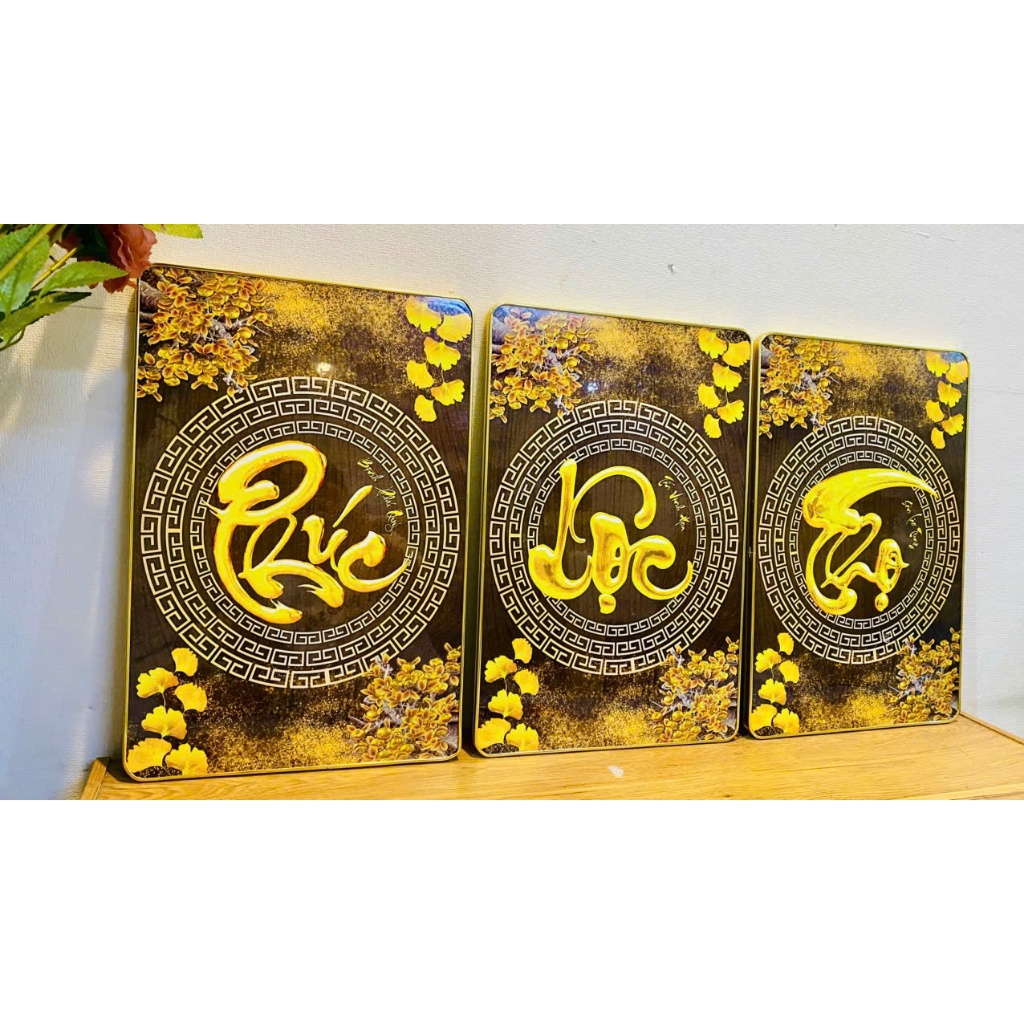 (ẢNH CHỤP THẬT)TRANH TREO TƯỜNG TRÁNG GƯƠNG PHÚC LỘC THỌ VÀNG TẶNG KÈM ĐINH 3 CHÂN