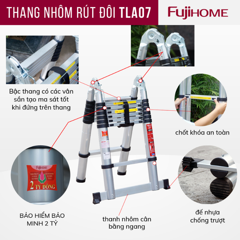 Thang nhôm FUJIHOME TLA08 rút gọn chữ A nhập khẩu, Chiều cao tối đa 5m, Đế cao su