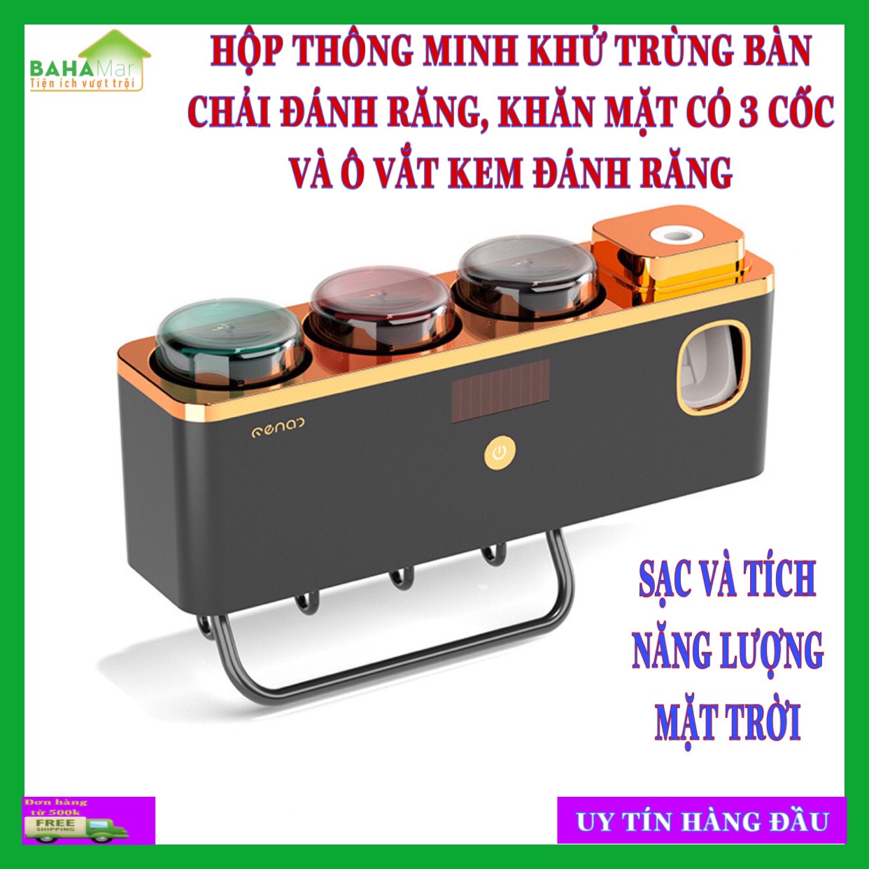 HỘP THÔNG MINH KHỬ TRÙNG BÀN CHẢI ĐÁNH RĂNG  KHĂN MẶT CÓ 3 CỐC VÀ Ô VẮT KEM ĐÁNH RĂNG (SẠC VÀ TÍCH NĂNG LƯỢNG MẶT TRỜI)  BAHAMAR  tia cực tím khử trùn