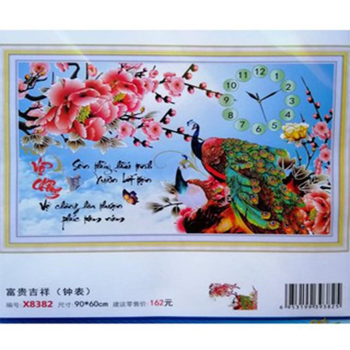Tranh thêu vợ chồng công xanh hoa mẫu đơn đồng hồ X8382 - kích thước: 90 * 60cm.