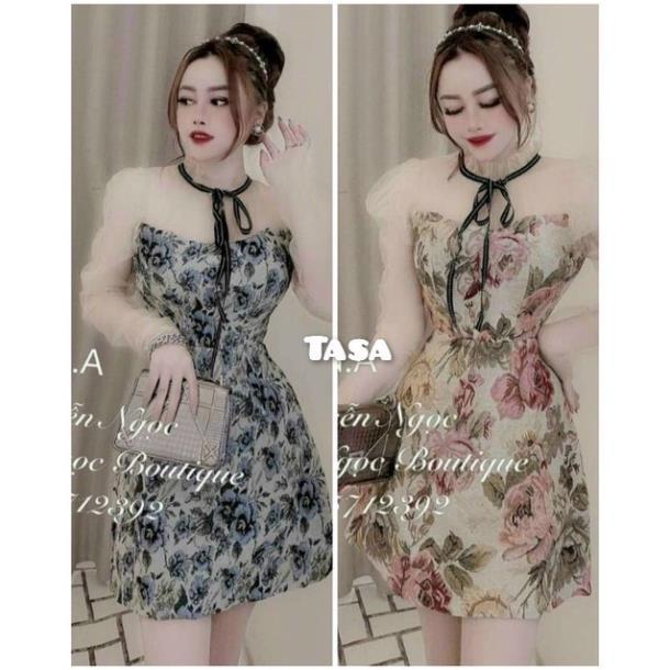 TBL-Đầm Phối Lưới Nơ Cổ Có Mút Ngực (Kèm Hình Thật Trải Sàn Shop Tự Chụp) TASA