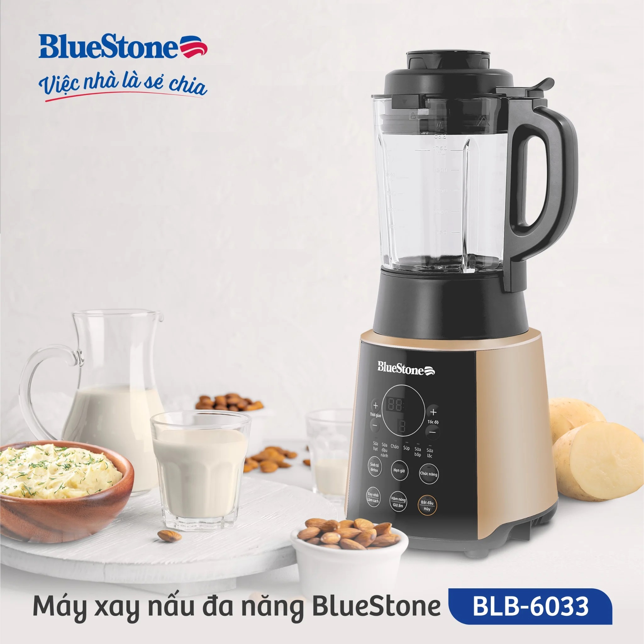 Máy Làm Sữa Hạt Đa Năng Bluestone BLB-6033, Cối Thủy Tinh Borosilicate 1.75L - 9 Chức Năng Xay 1600W, Hàng Chính Hãng