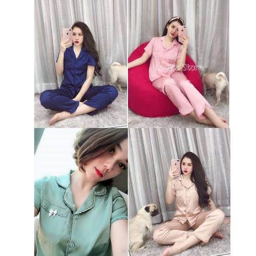 Đồ Bộ Pijama Lụa Mặc Nhà Viền Bèo Tay Cộc Phối Quần Dài