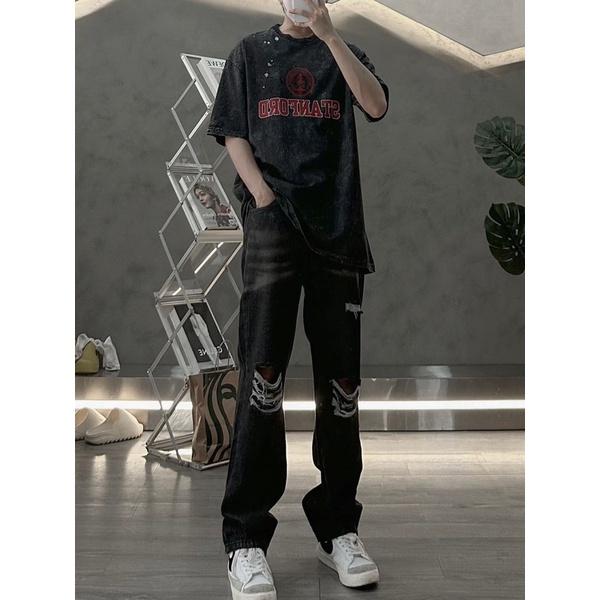 Jeans nam ống rộng jeans rách gối nhiều xám đen 992