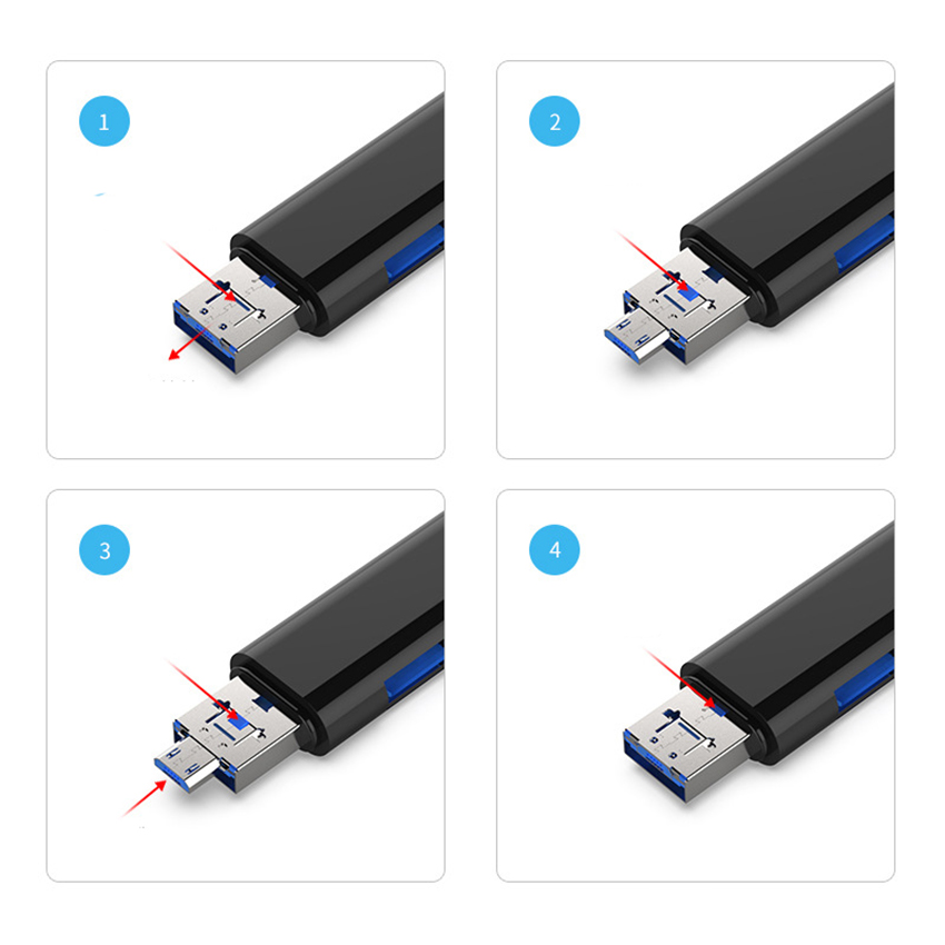 Đầu đọc thẻ nhớ đa năng dành cho điện thoại, máy tính 3 cổng kết nối USB, MicroUSB, TYPE-C, 2 cổng dữ liệu USB, TF truyền tải nhanh chóng, gọn gàng tiện dụng