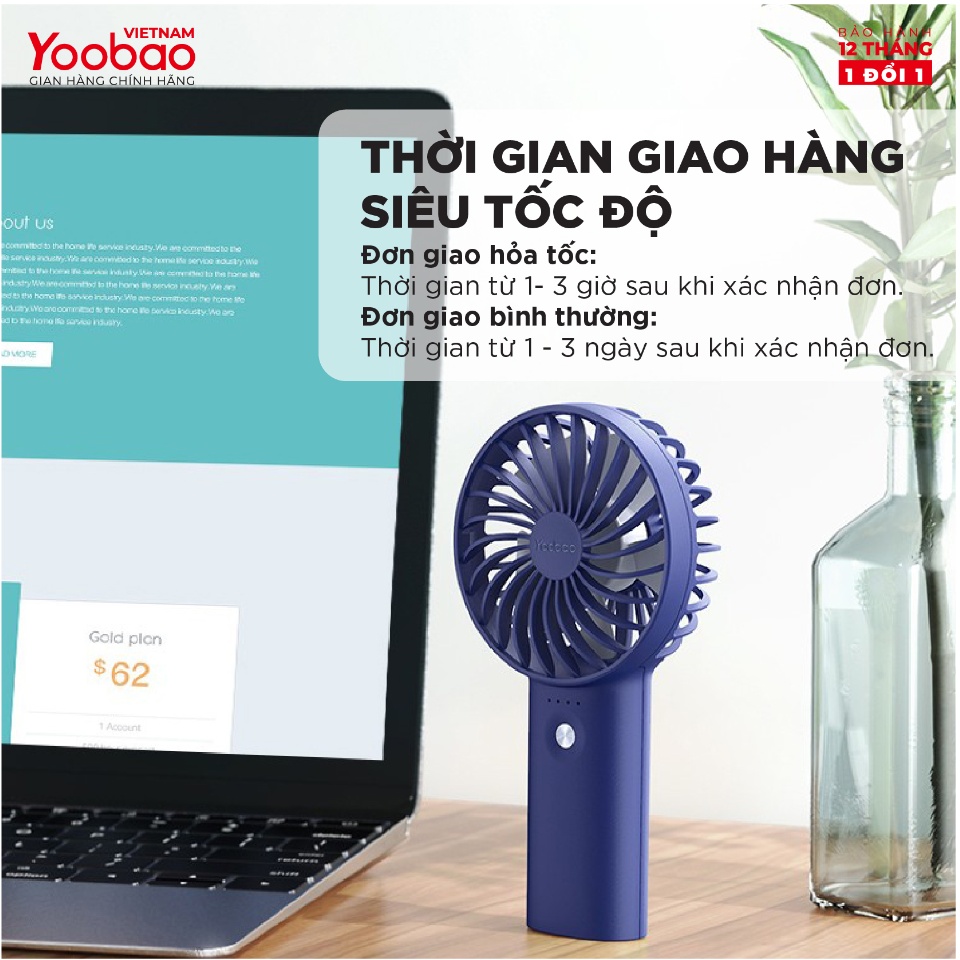 Quạt cầm tay YOOBAO F3 3000mAh - 6000mah - Quạt 4 cánh với 3 chế độ gió Nhỏ gọn tiện lợi - Hàng chính hãng - Bảo hành 12 tháng