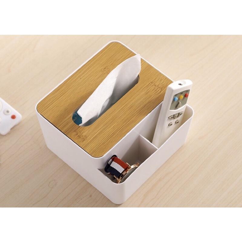 Hộp đựng khăn giấy để bàn nắp gỗ kèm 2 ngăn đựng đồ, Remote, điều khiển tivi, bút viết sang trọng đa năng