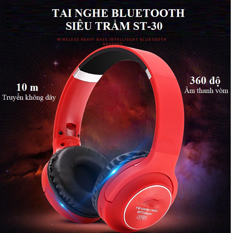 Tai Nghe Bluetooth ST-30 Thiết Kế Hiện Đại, Âm Pass Trầm Mạnh